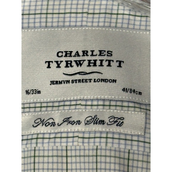 Charles Tyrwhitt 16 33 Non-Iron Slim Fit Shirt Green Blue Pattern 100% Cotton - Picture 3 of 4